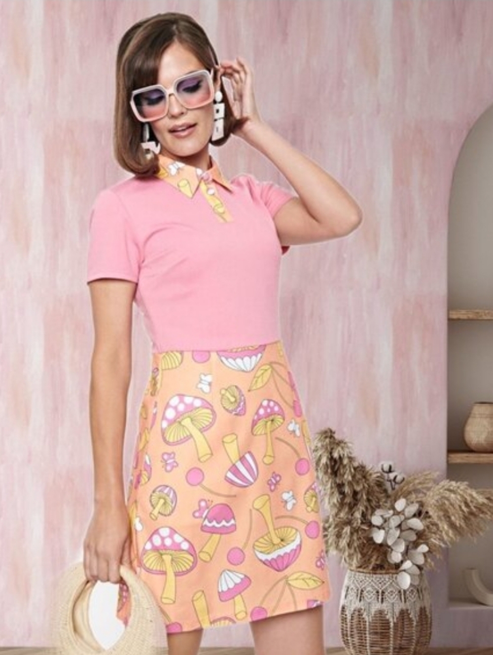 Smak Parlour Unique Vintage Collared Dress Mushroom Cherry Pink Orange Small
